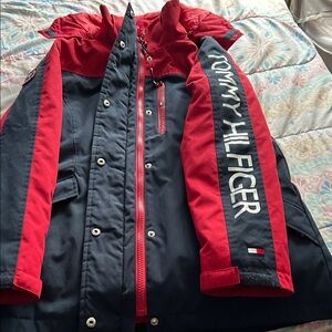 Tommy Hilfiger Navy and Red Colorblock Hooded Coat